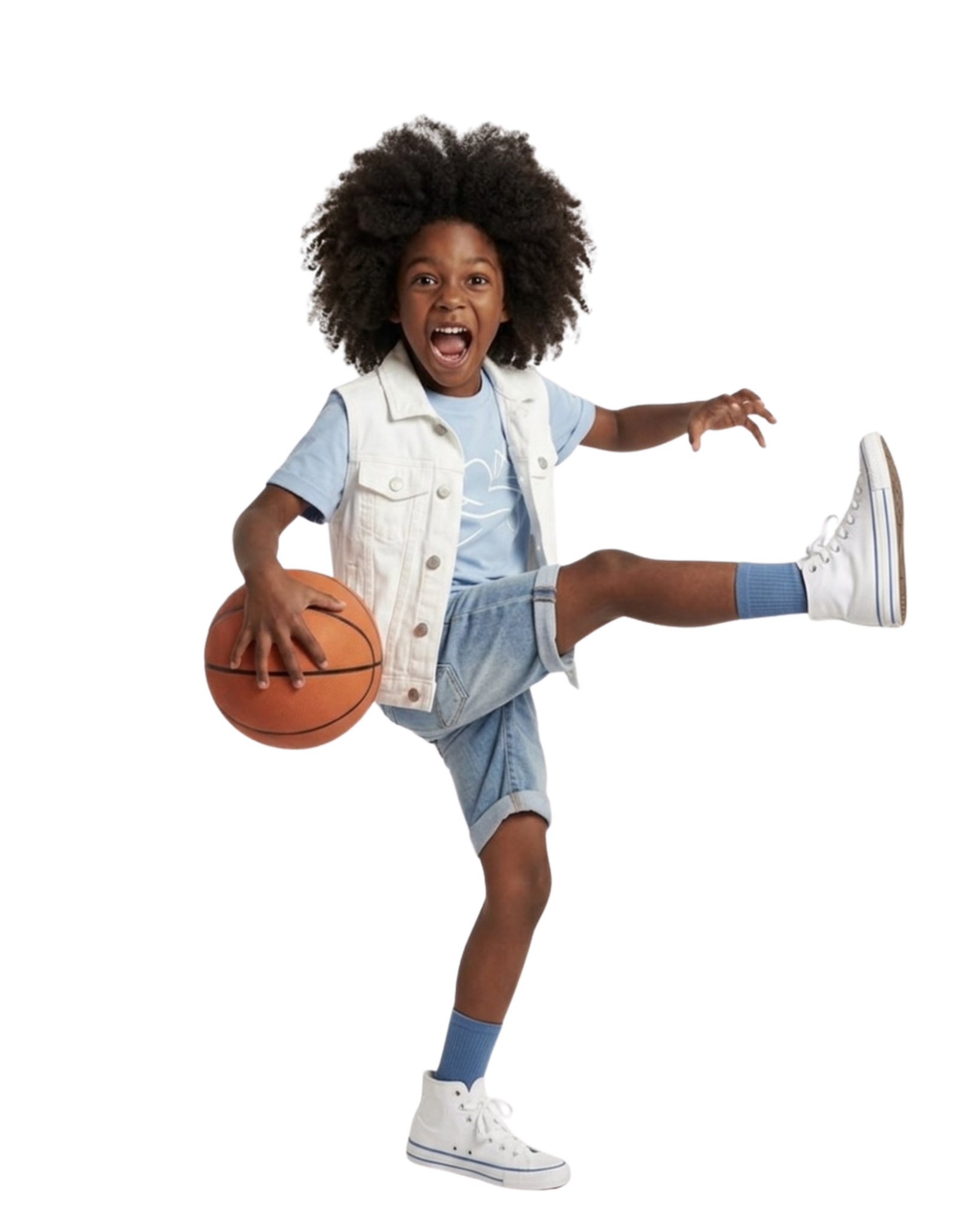 Boy kicking while holding a basketball