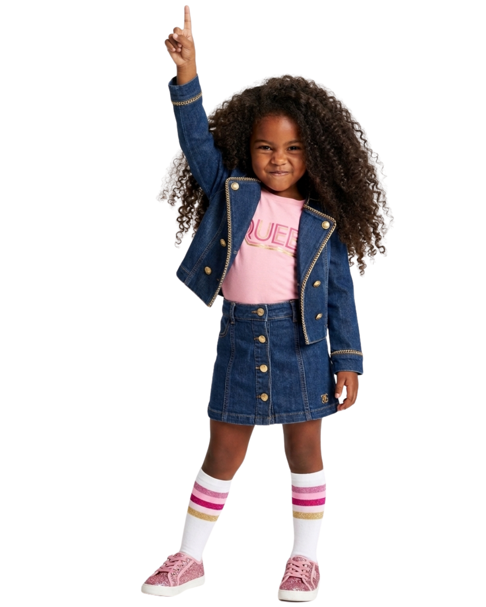 Girl in a denim skirt pointing upward