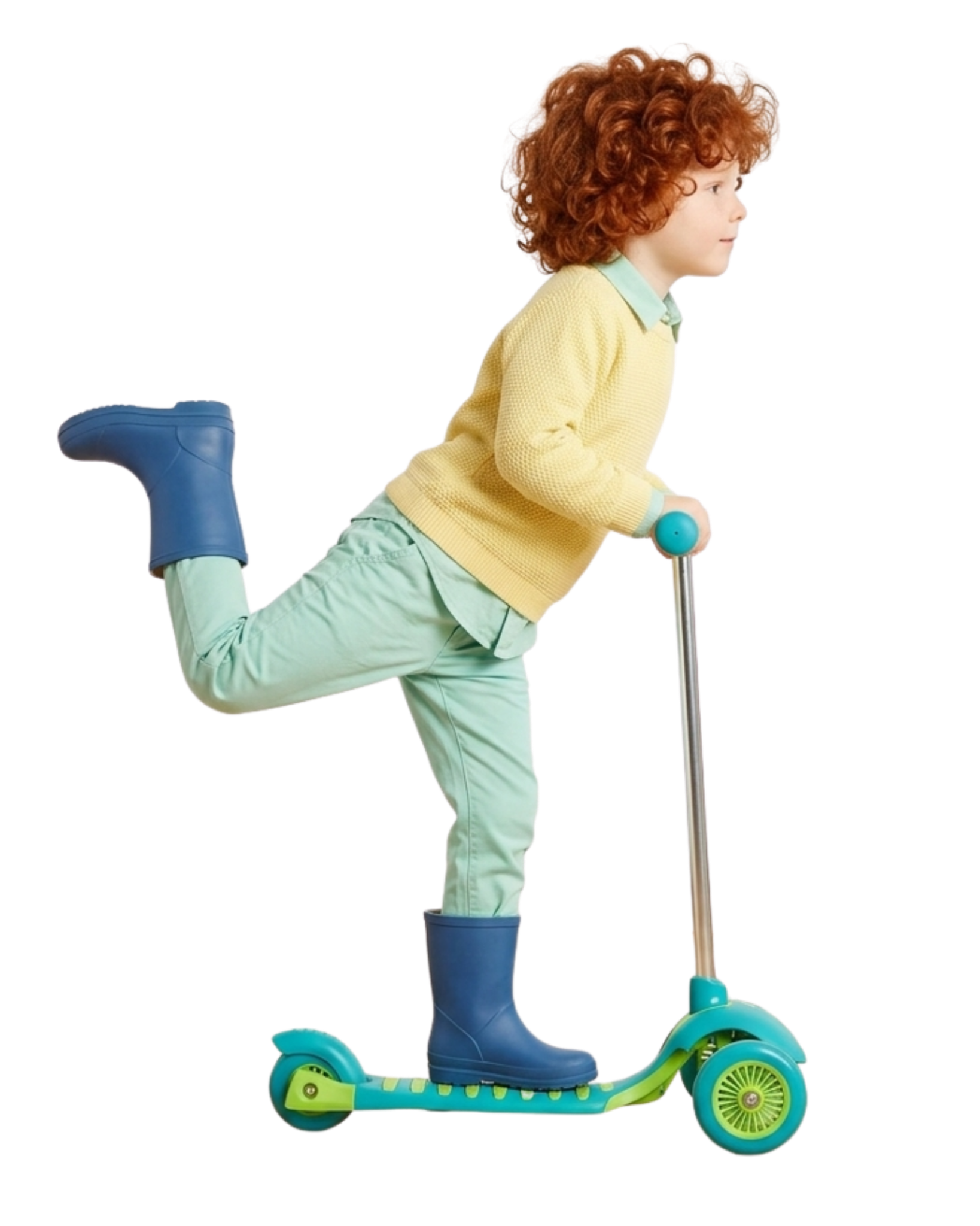 Red-haired boy riding a scooter