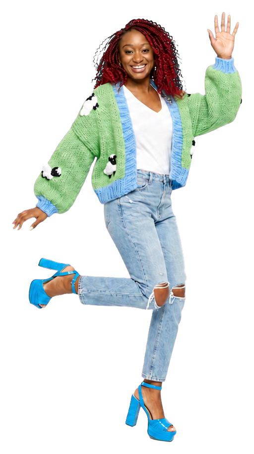 Shiloh jumping in blue platform shoes